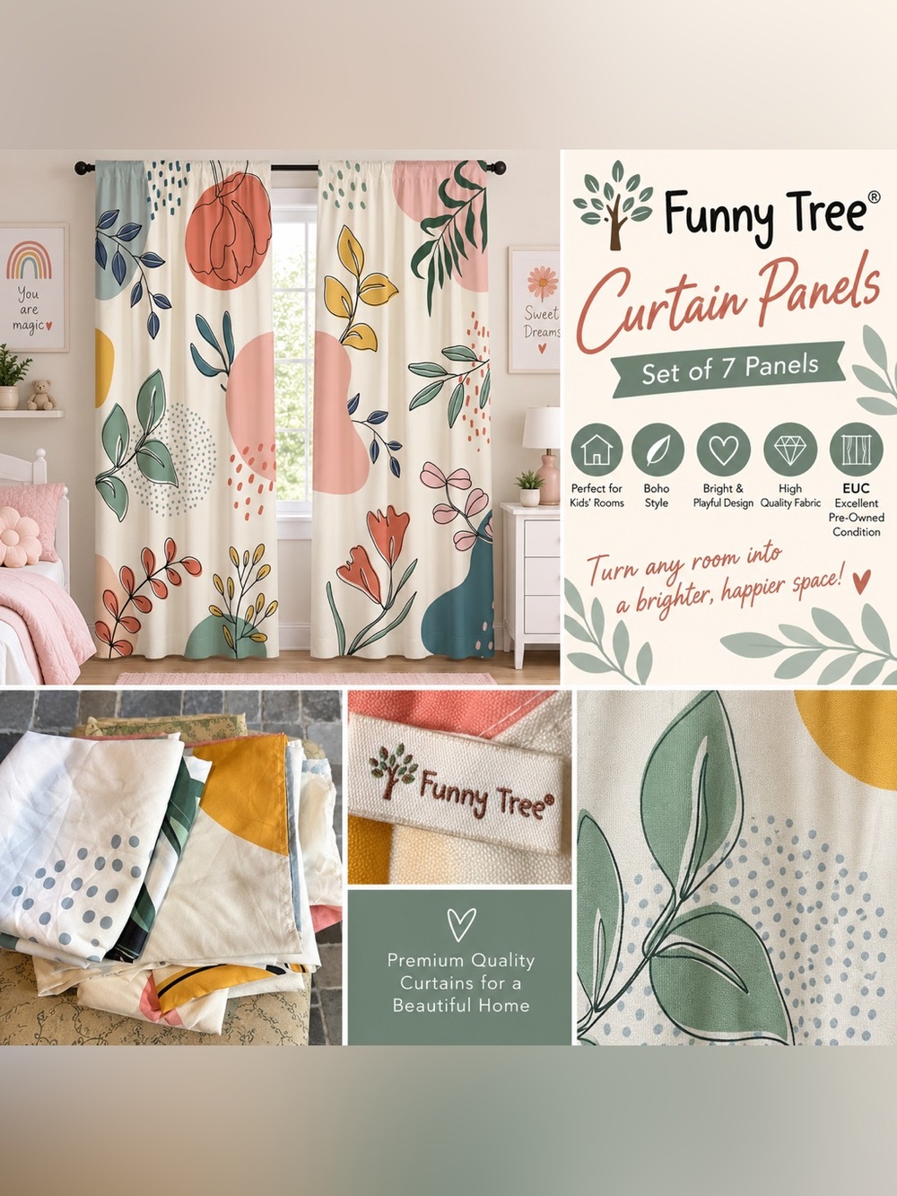 Boho Floral & Abstract Leaf Print Curtains — Multicolor Accents - 7 panels inc.